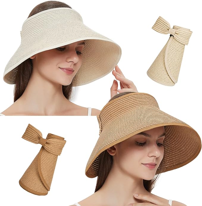 Rollable Ladies Wide Brim Straw Sun Women's Adjustable Visor with Bowknot