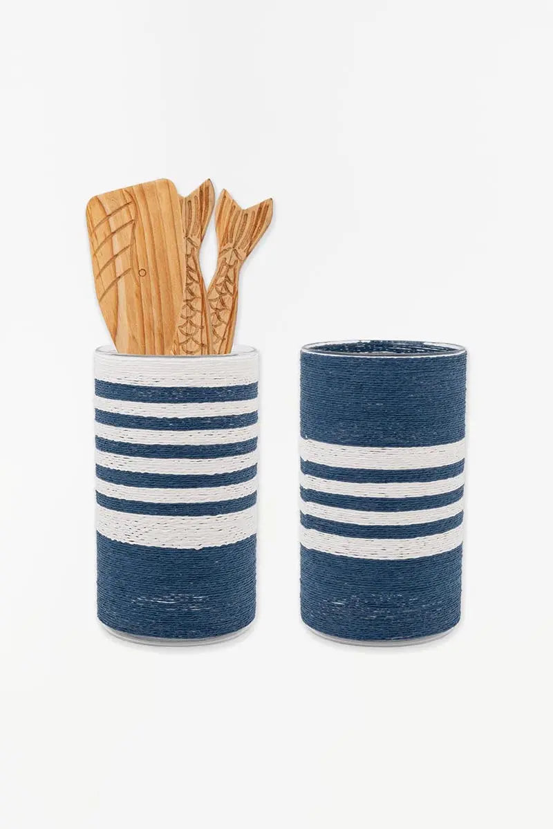 Set of 2 striped glass jars for cooking utensils or as vases.