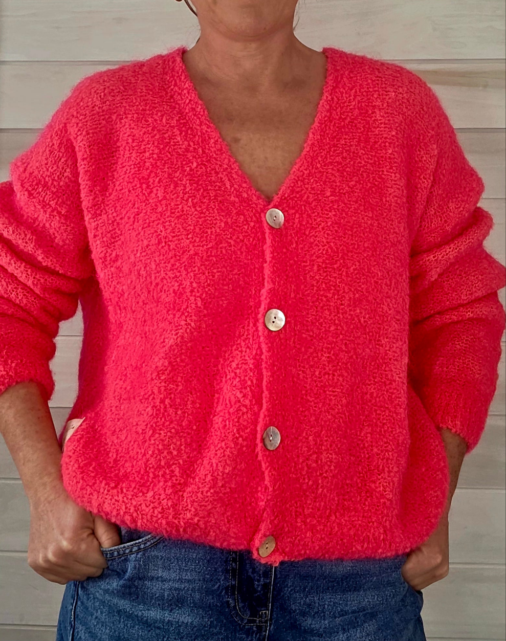 Neon Coral Kid Mohair & Wool V Neck Fluffy cardigan
