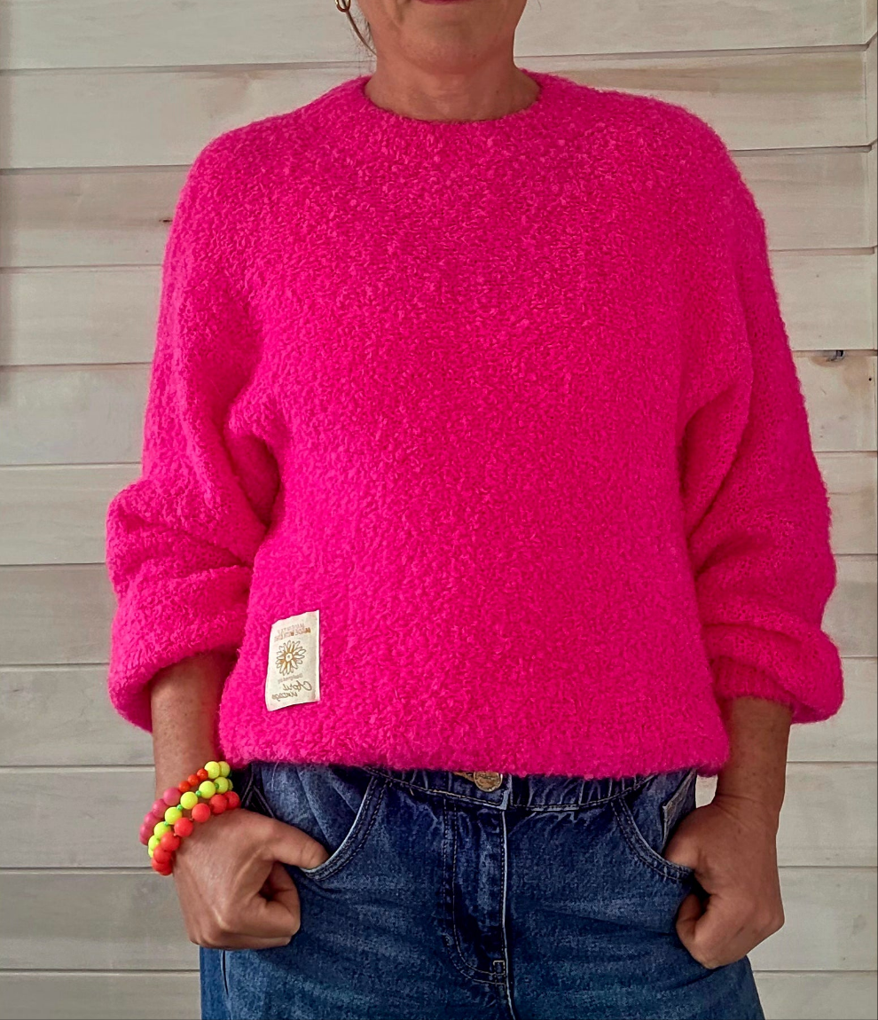 Neon Pink Kid Mohair & Wool Mix Fluffy Jumper