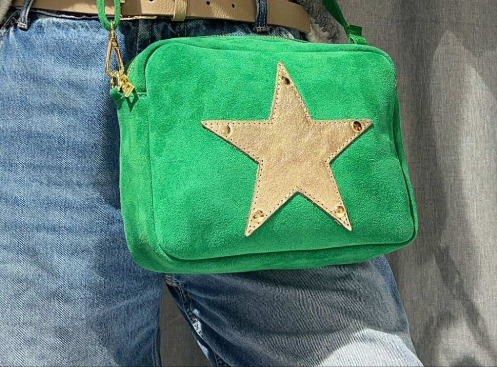 Green Suede, Crossbody Bag with Gold Leather Star motif