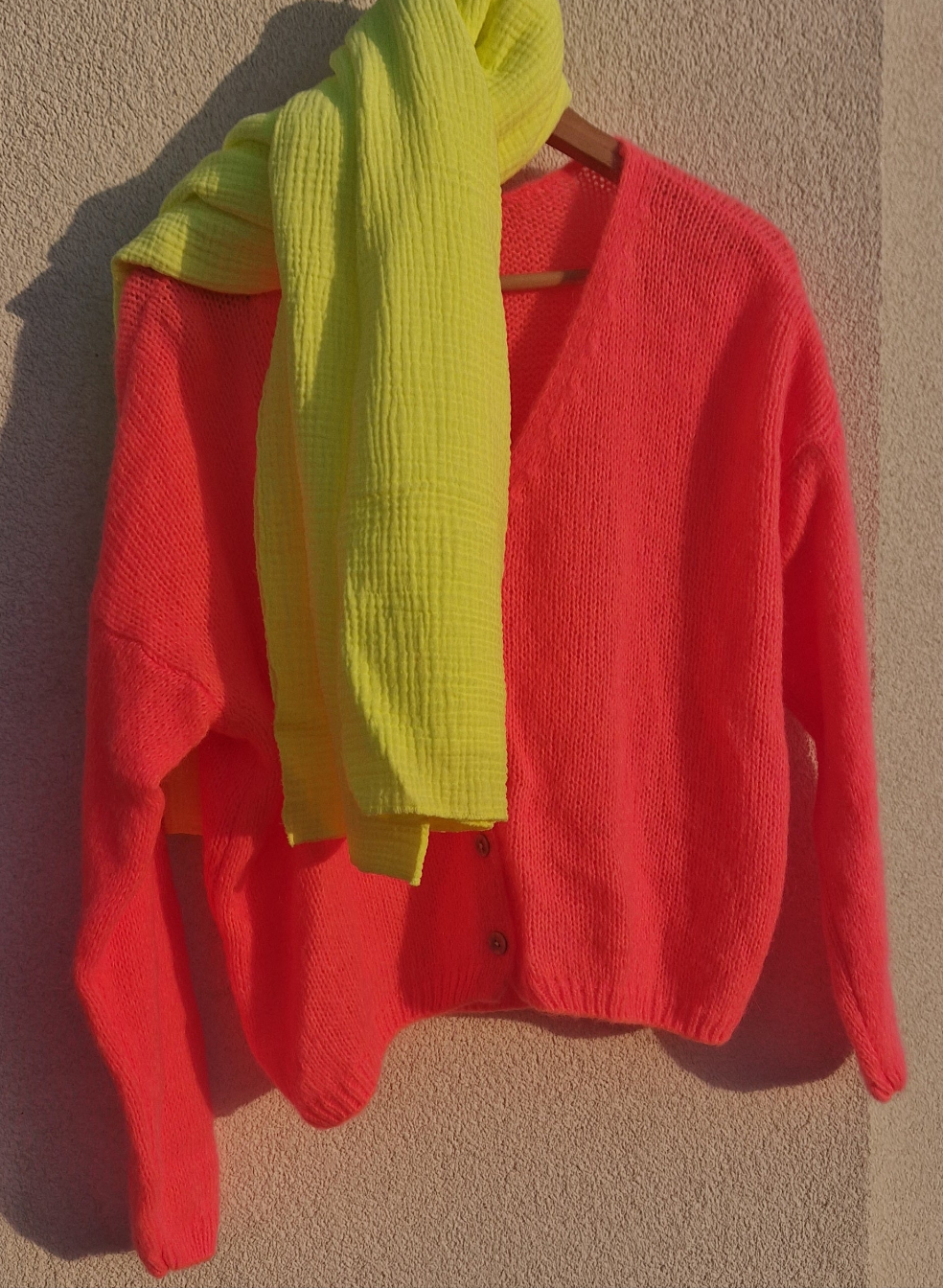 * PRE ORDER. DUE APRIL 21st* Neon Coral Cardigan in 30pc mohair.