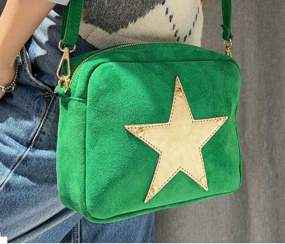 Green Suede, Crossbody Bag with Gold Leather Star motif