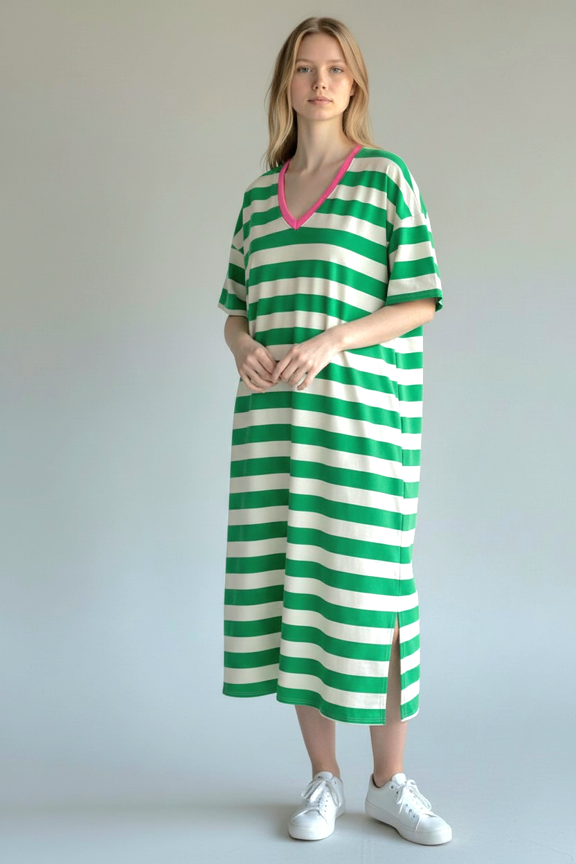 V neck, Cotton Striped T Shirt Dress with pockets.