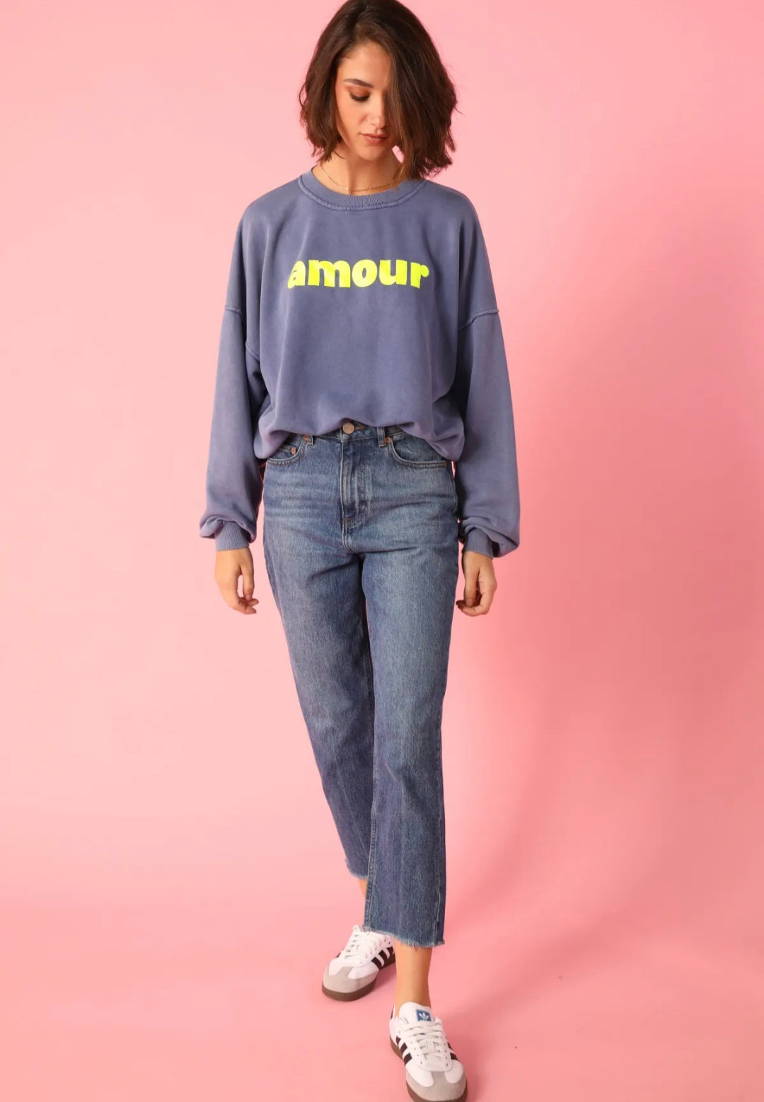 * BACK SOON* Ladies Blue Sweatshirt with Neon Yellow Print