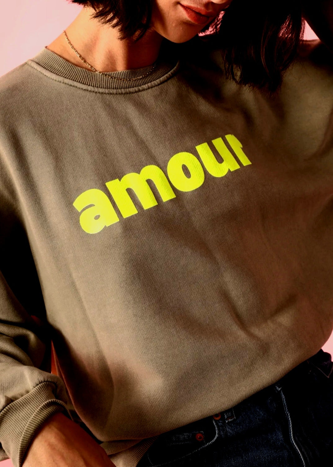Amour Sweatshirt in Khaki and Neon Yellow.