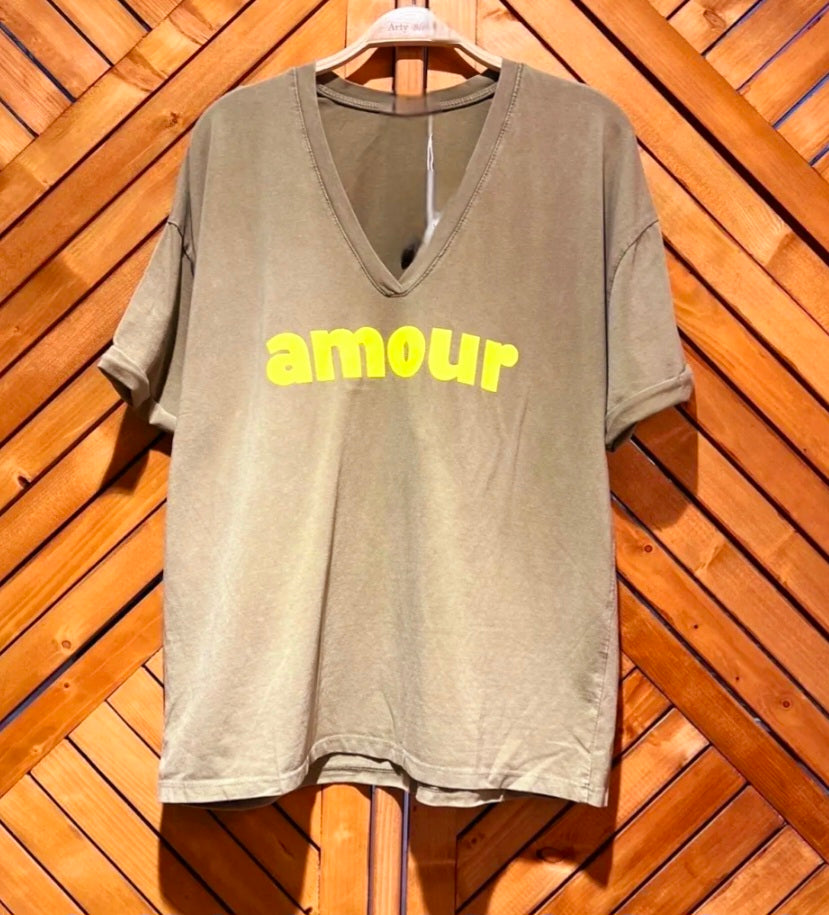 Amour t shirt in Khaki & Neon Yellow