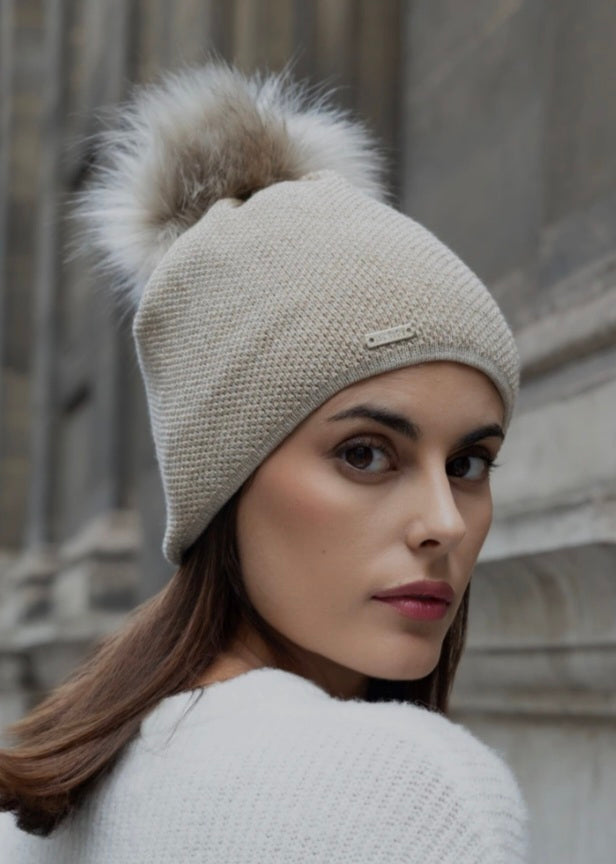 Ladies Lurex, fleece lined hat with removable pom pom