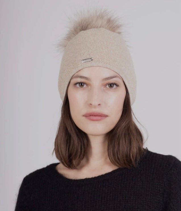 Ladies Lurex, fleece lined hat with removable pom pom