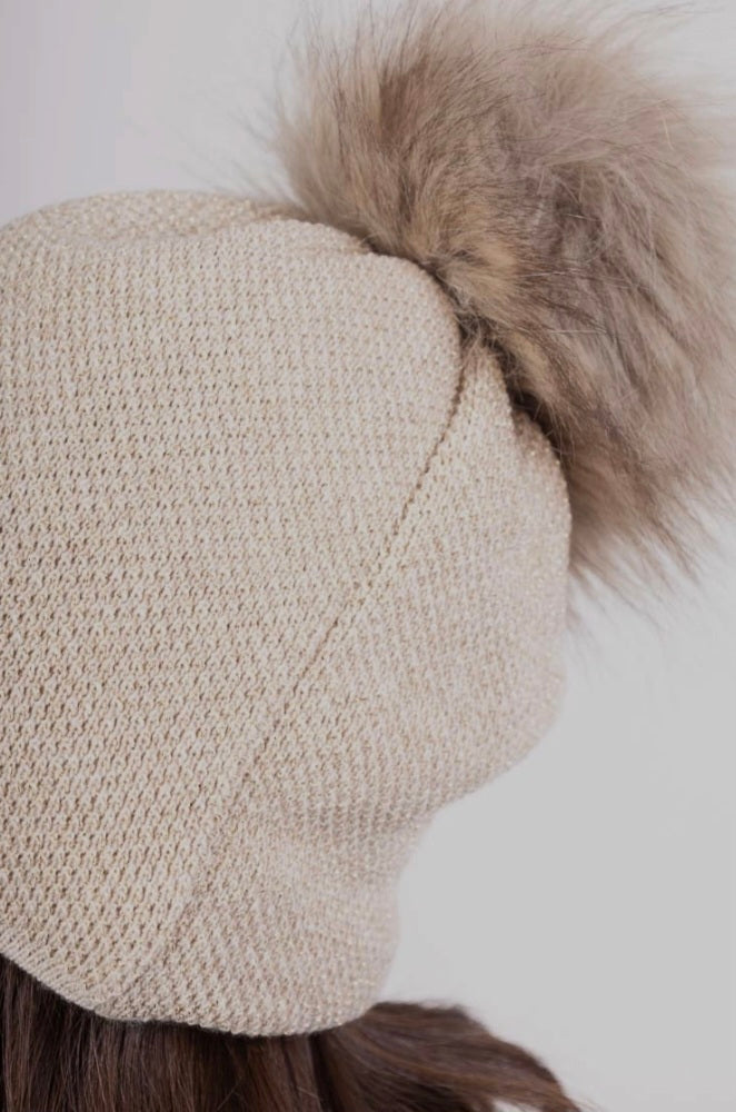 Ladies Lurex, fleece lined hat with removable pom pom
