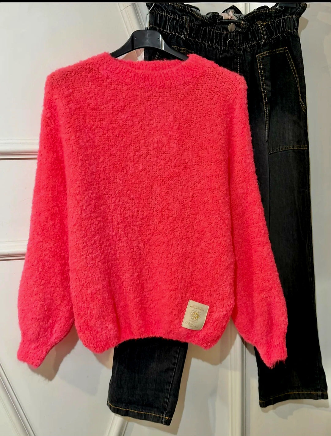 Neon Coral. Kid Mohair & Wool Mix Fluffy jumper