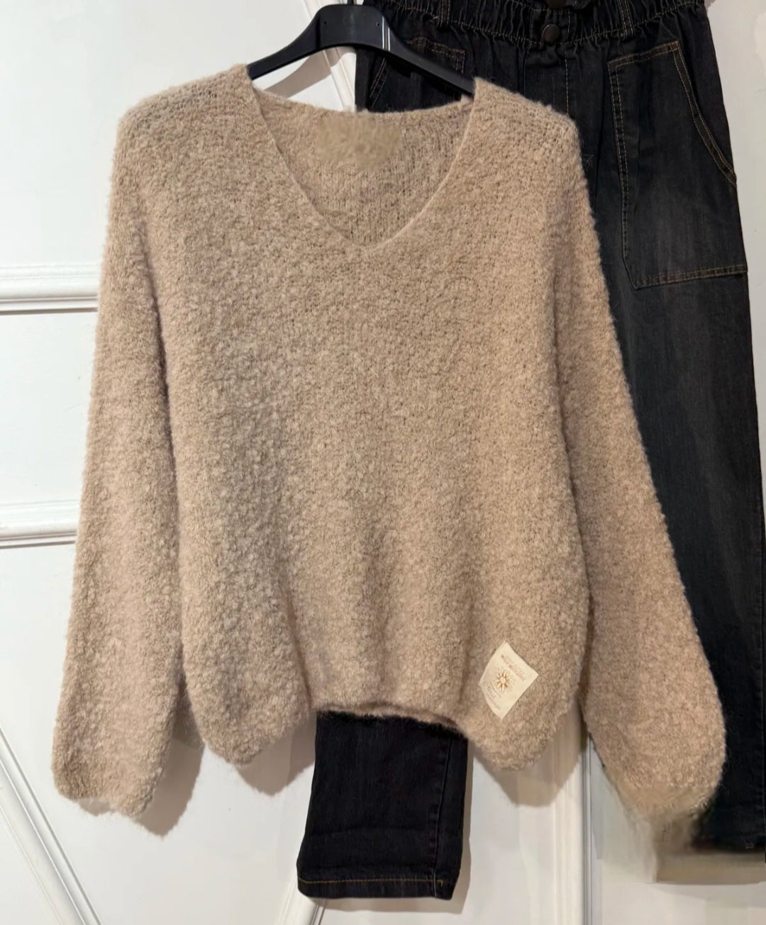Oatmeal Beige Kid Mohair & Wool Fluffy V Neck Jumper