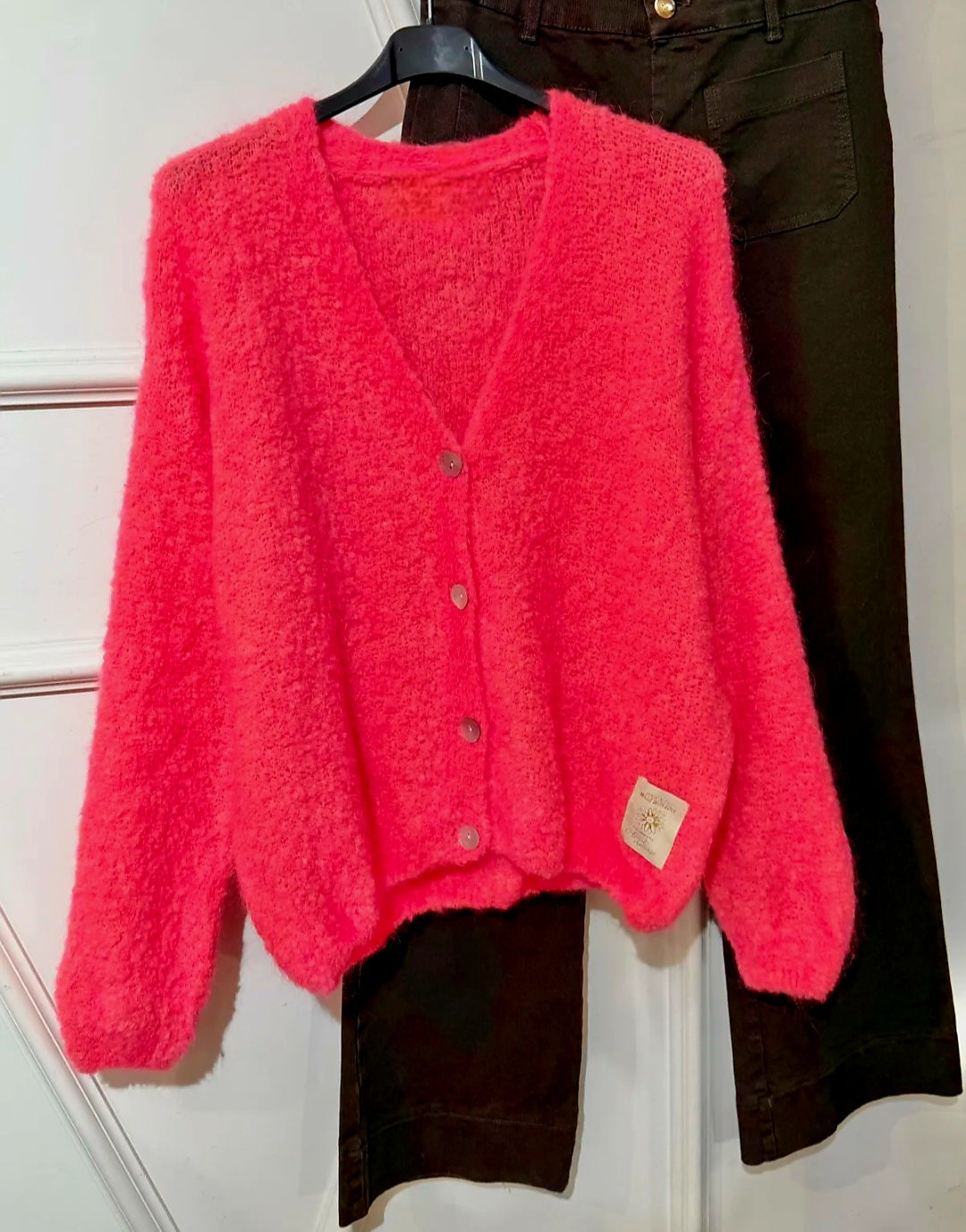 Neon Coral Kid Mohair & Wool V Neck Fluffy cardigan