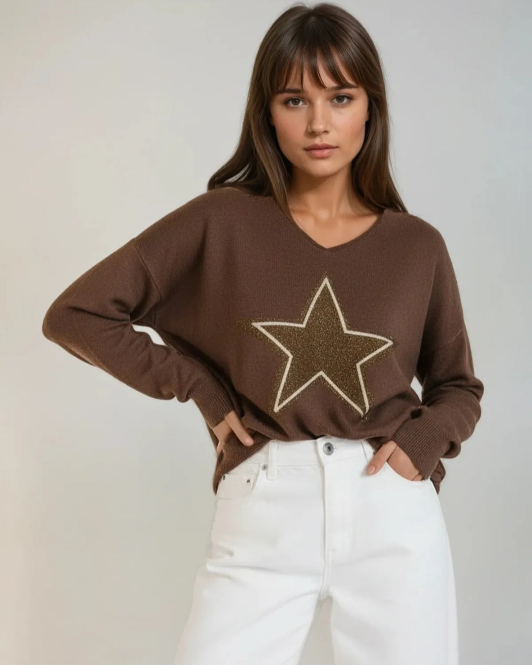 Starlight Chooco Brown V Neck soft knit with Star Motif
