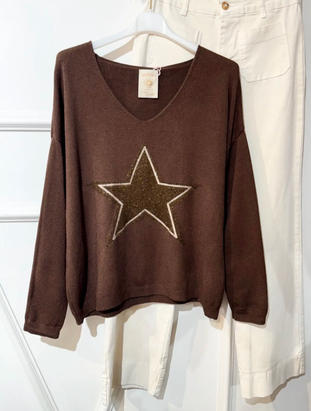 Starlight Chooco Brown V Neck soft knit with Star Motif
