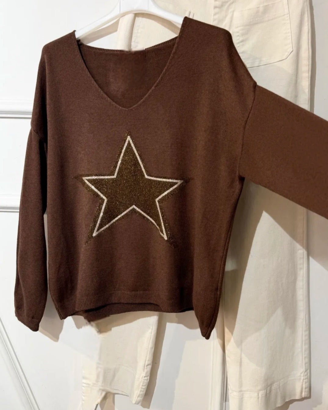 Starlight Chooco Brown V Neck soft knit with Star Motif