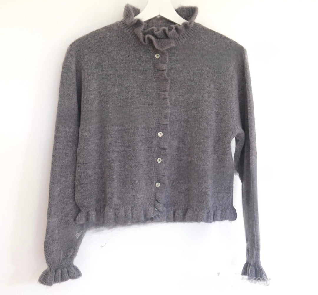 Charcoal Grey Alpaca Mix Ruffle front cardigan with buttons