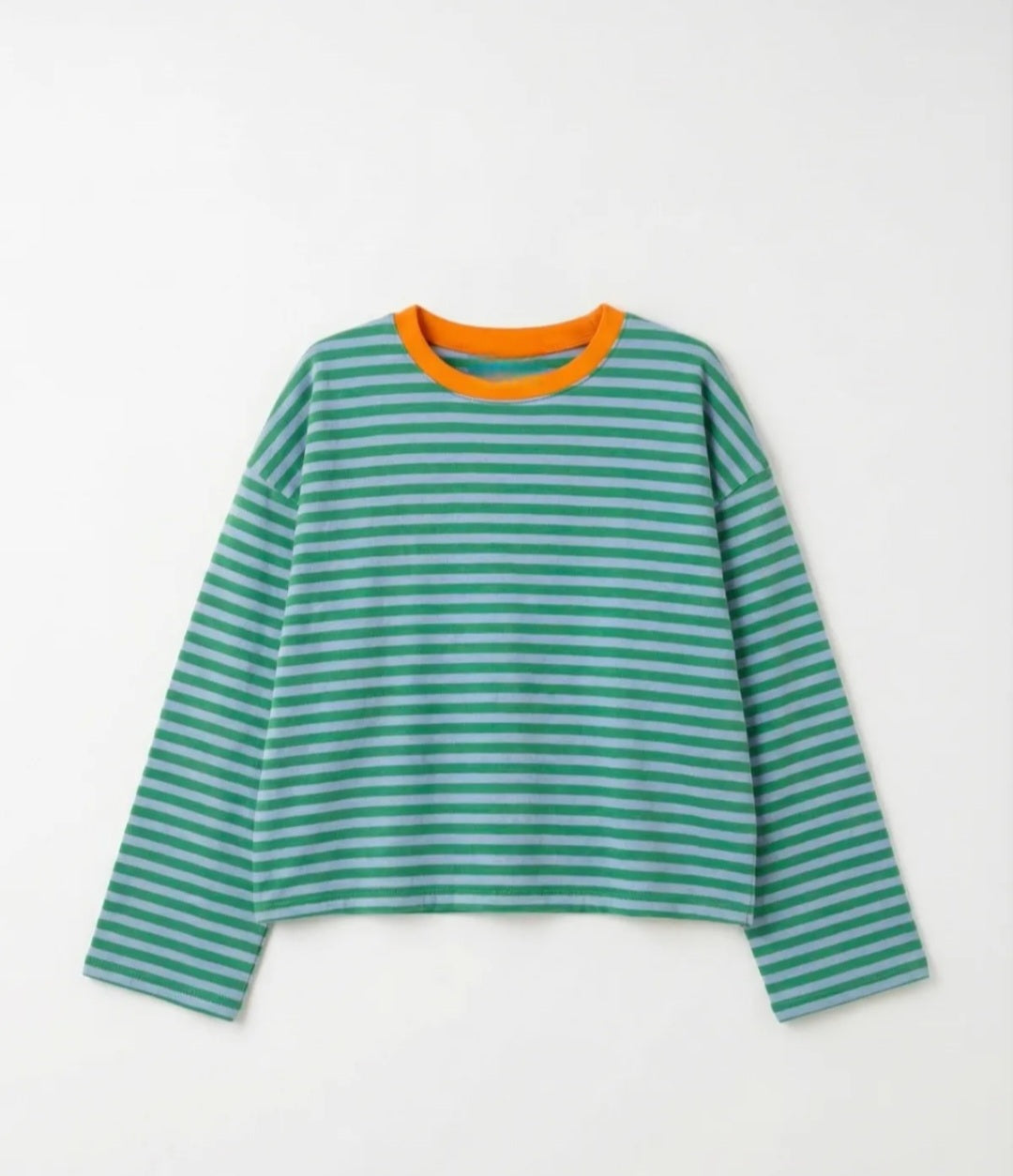 Pure Cotton Green Striped Light Sweater with Orange Trim