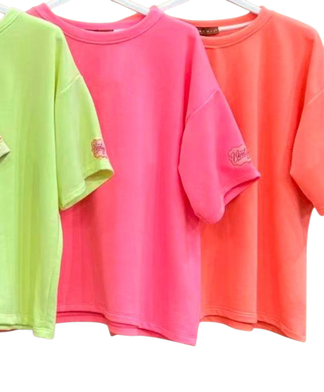 Neon Green Tee/Light Sweater. Short sleeve. Vintage logo on sleeve