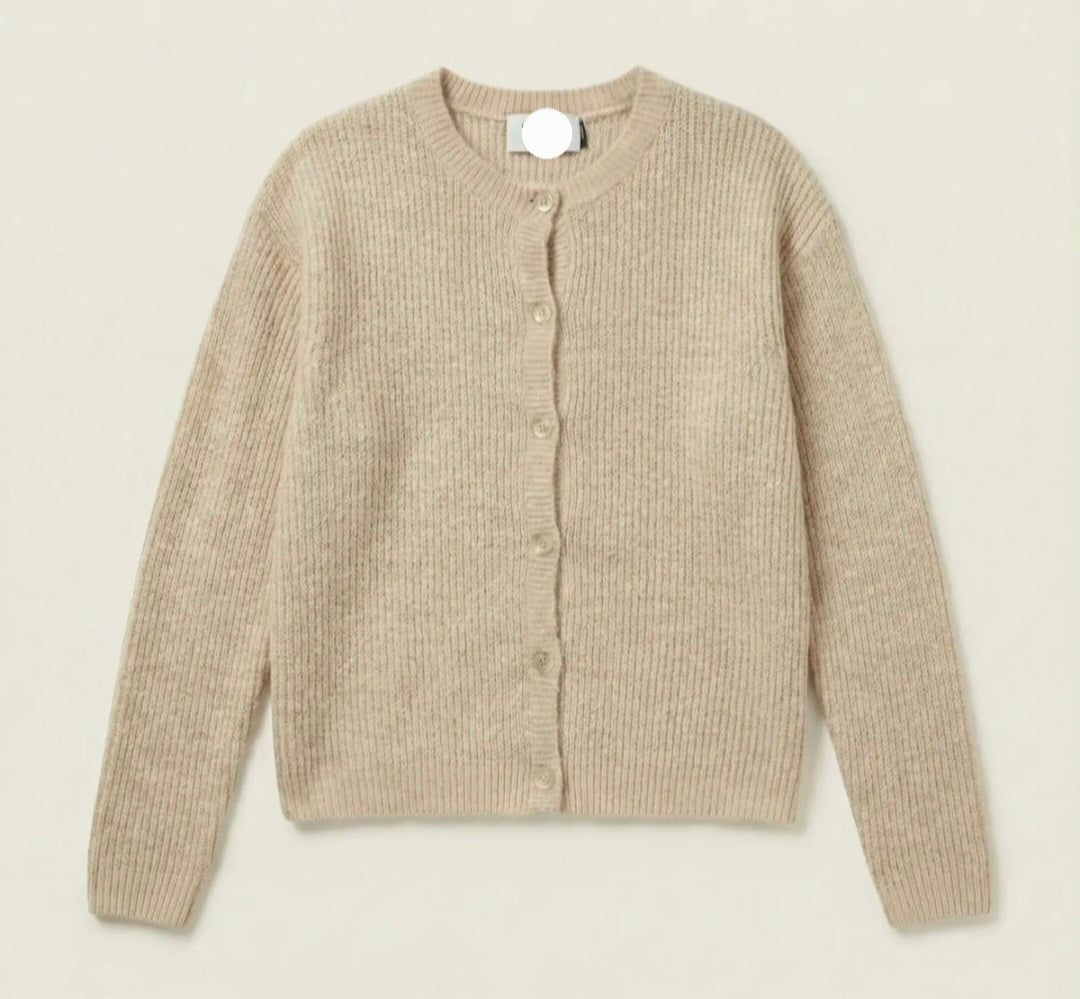 Oatmeal Beige Ribbed Cardigan in Alpaca and Wool Blend