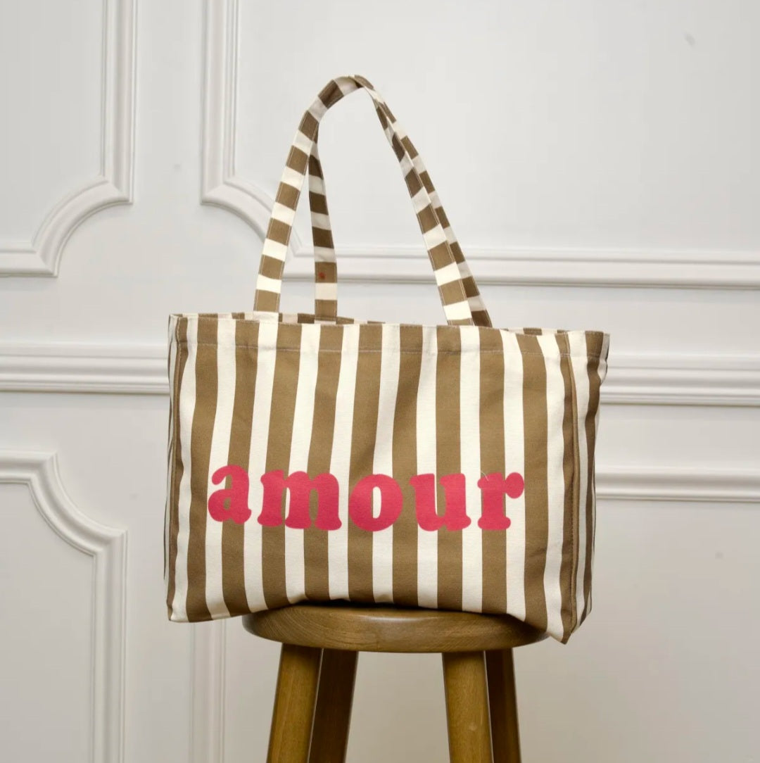 Amour Striped Tote in Olive Green and Cream