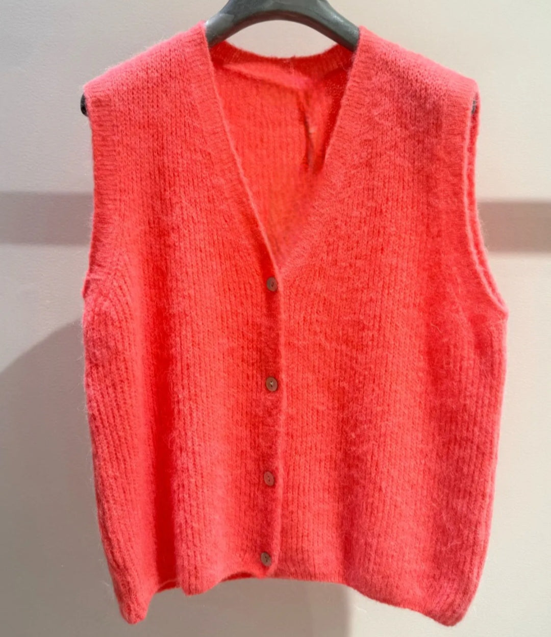 Neon Coral Superfine Alpaca & Wool Mix V Neck sleeveless cardigan