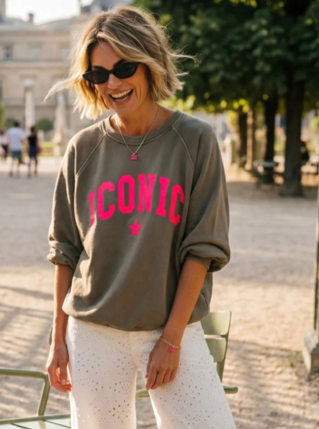 Retro-Style ICONIC star Sweatshirt| Khaki & Neon Pink ( Pre Sale. Ships April 15th)