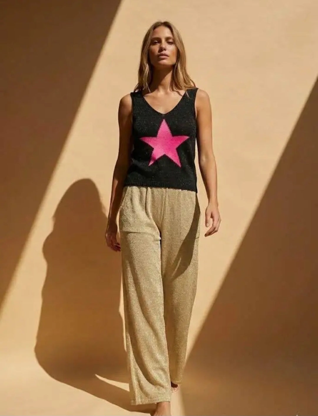 Women’s Metallic Star Intarsia Knit Tank- Metallic Black & Neon Pink