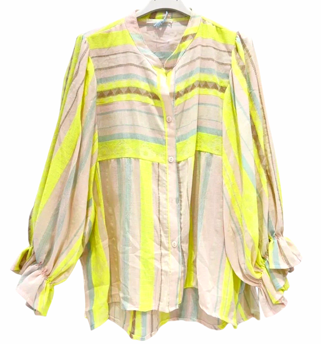 Italian Cotton Resort Blouse| Neon Yellow Stripe Lantern Sleeve