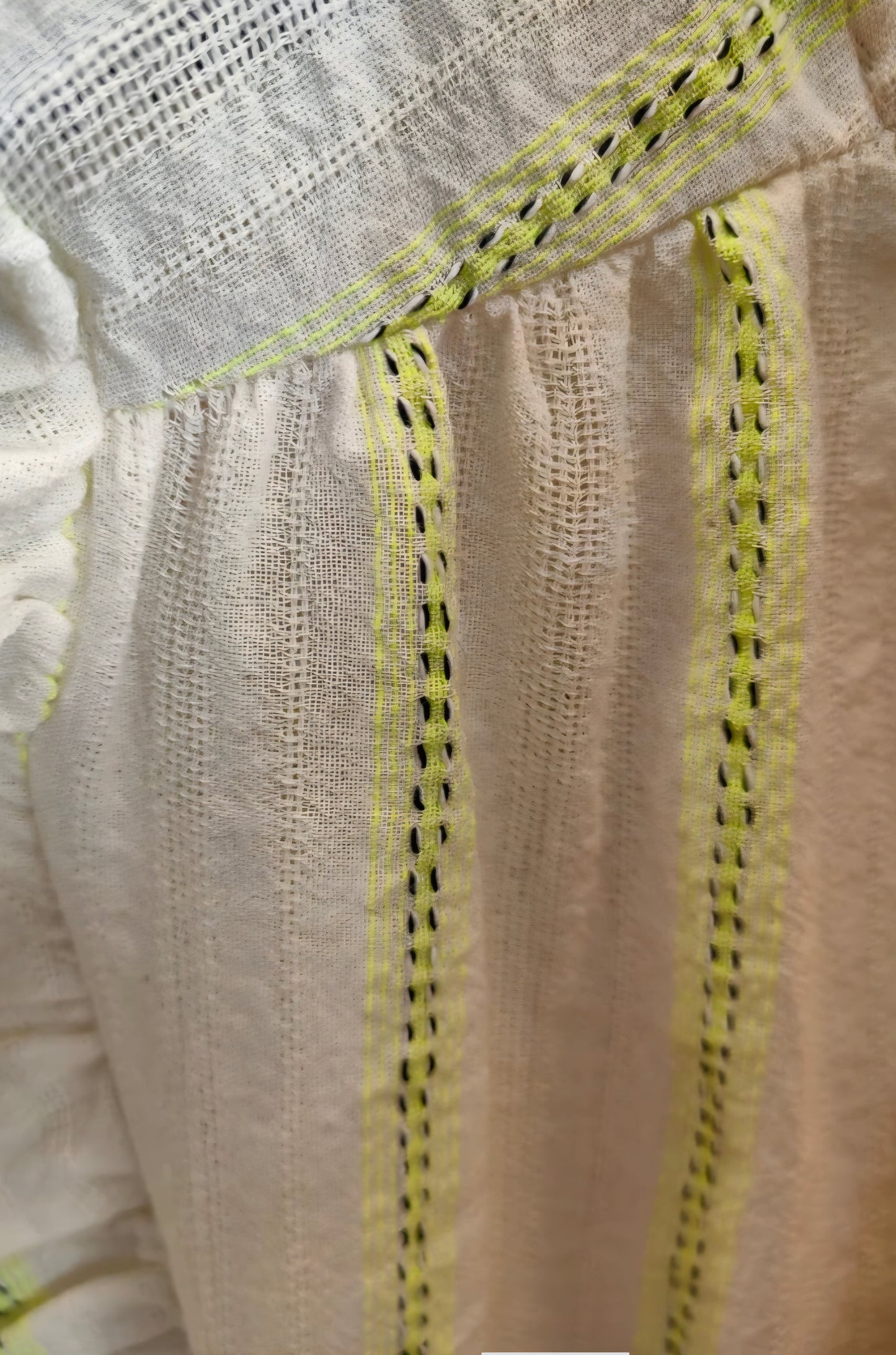 Romantic Ruffled Blouse with Tassels in Off White & Neon Yellow Stripe