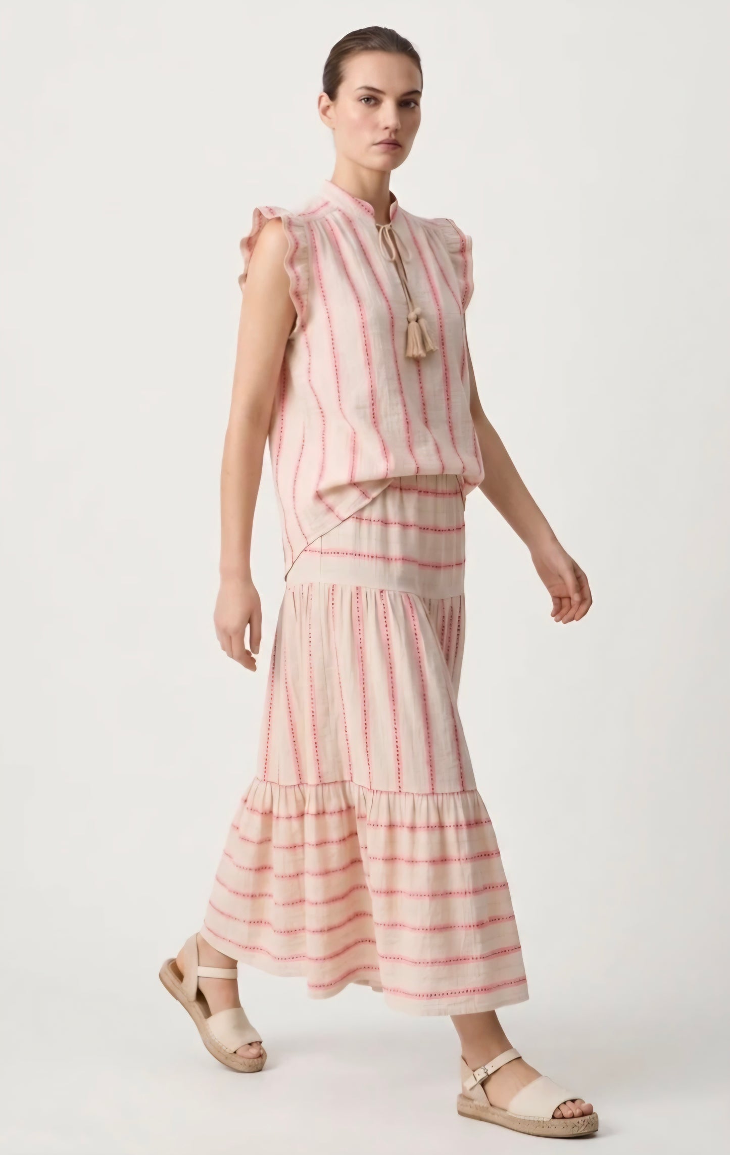 Romantic Ruffled Blouse with Tassels in Off White & Neon Pink Stripe