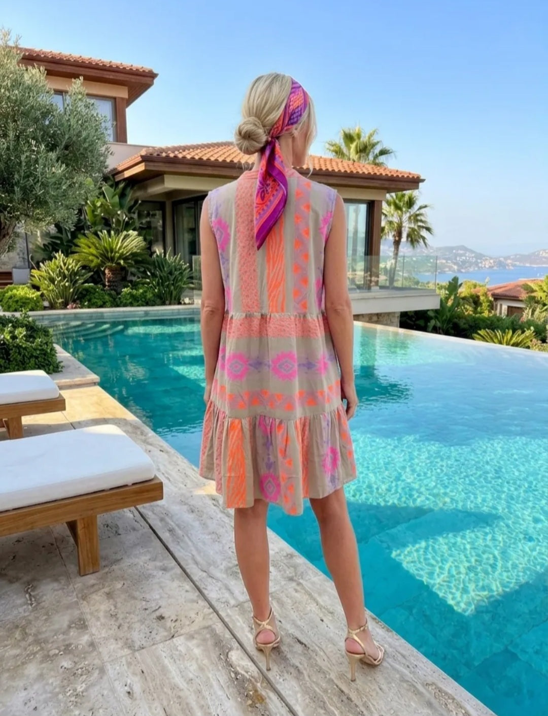 Geometric & Mixed Print Sleeveless Pure Cotton Tiered Tunic Dress|Made in India