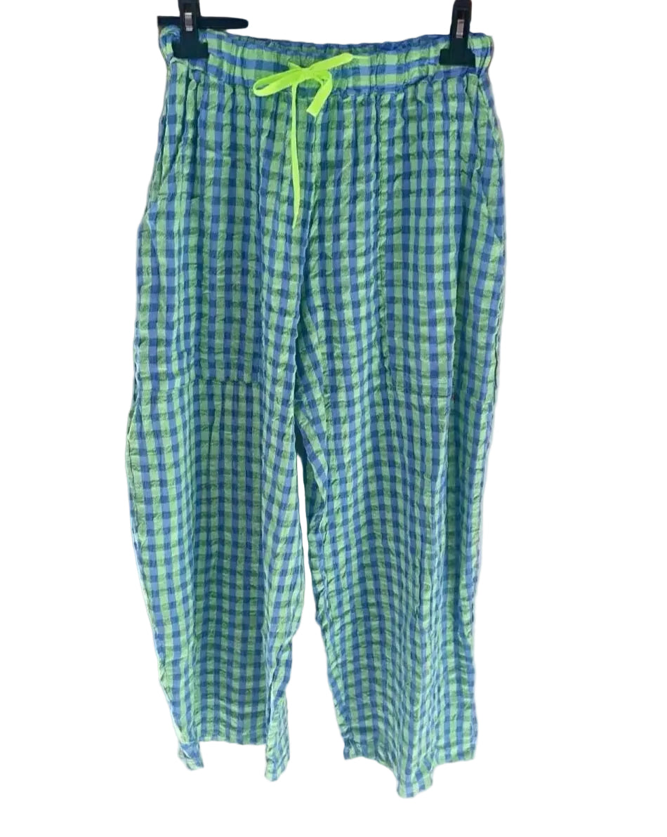 Vibrant Gingham Seersucker Drawstring Trousers with Neon Yellow Drawstring