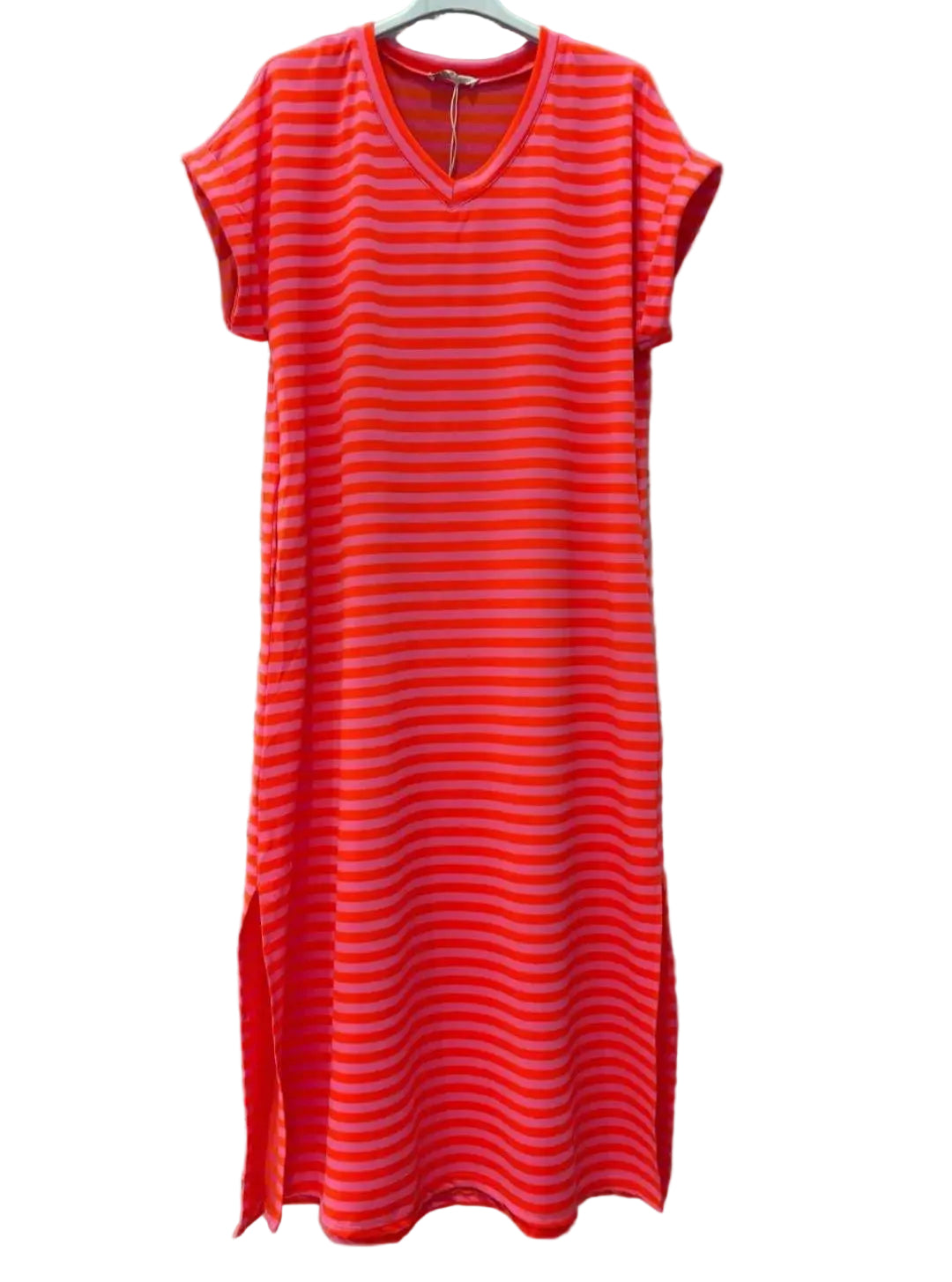 Sunset Stripe Cotton V Neck T Shirt Maxi Dress