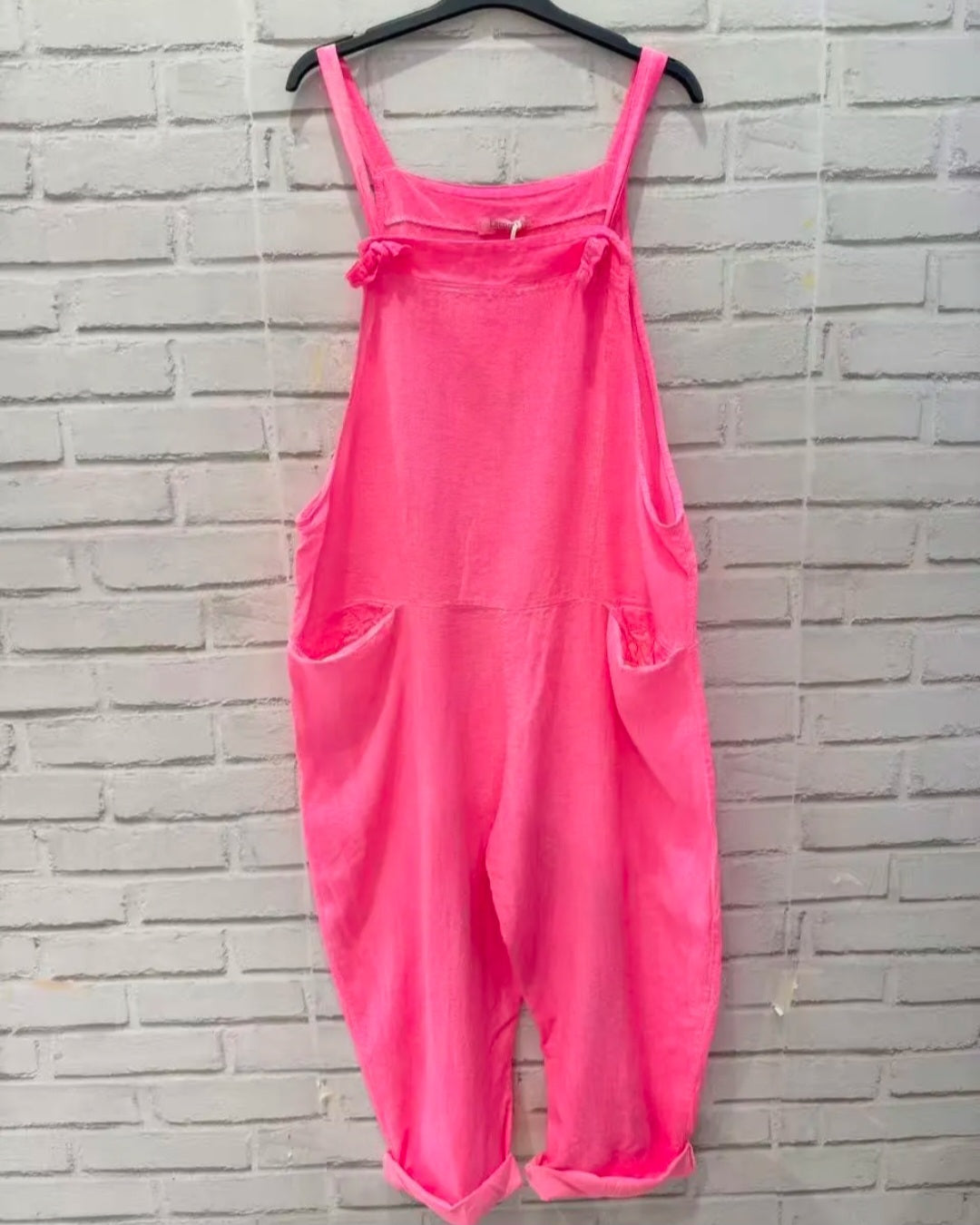 Neon Pink Linen Blend Slouchy Dungarees.