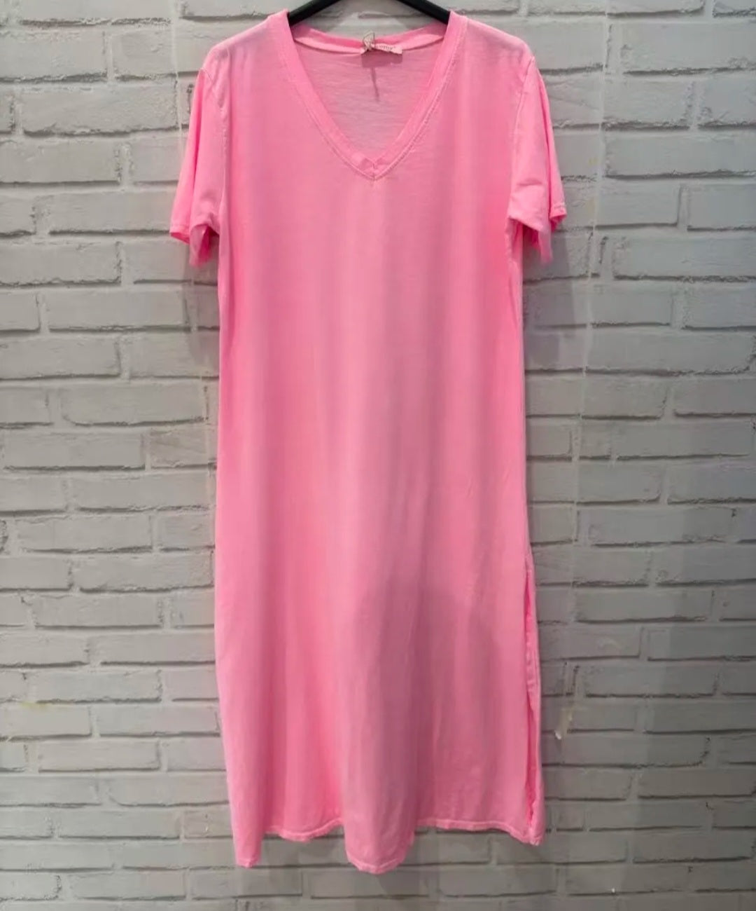 Classic Cotton V Nefk T-Shirt Dress- Neon Pink