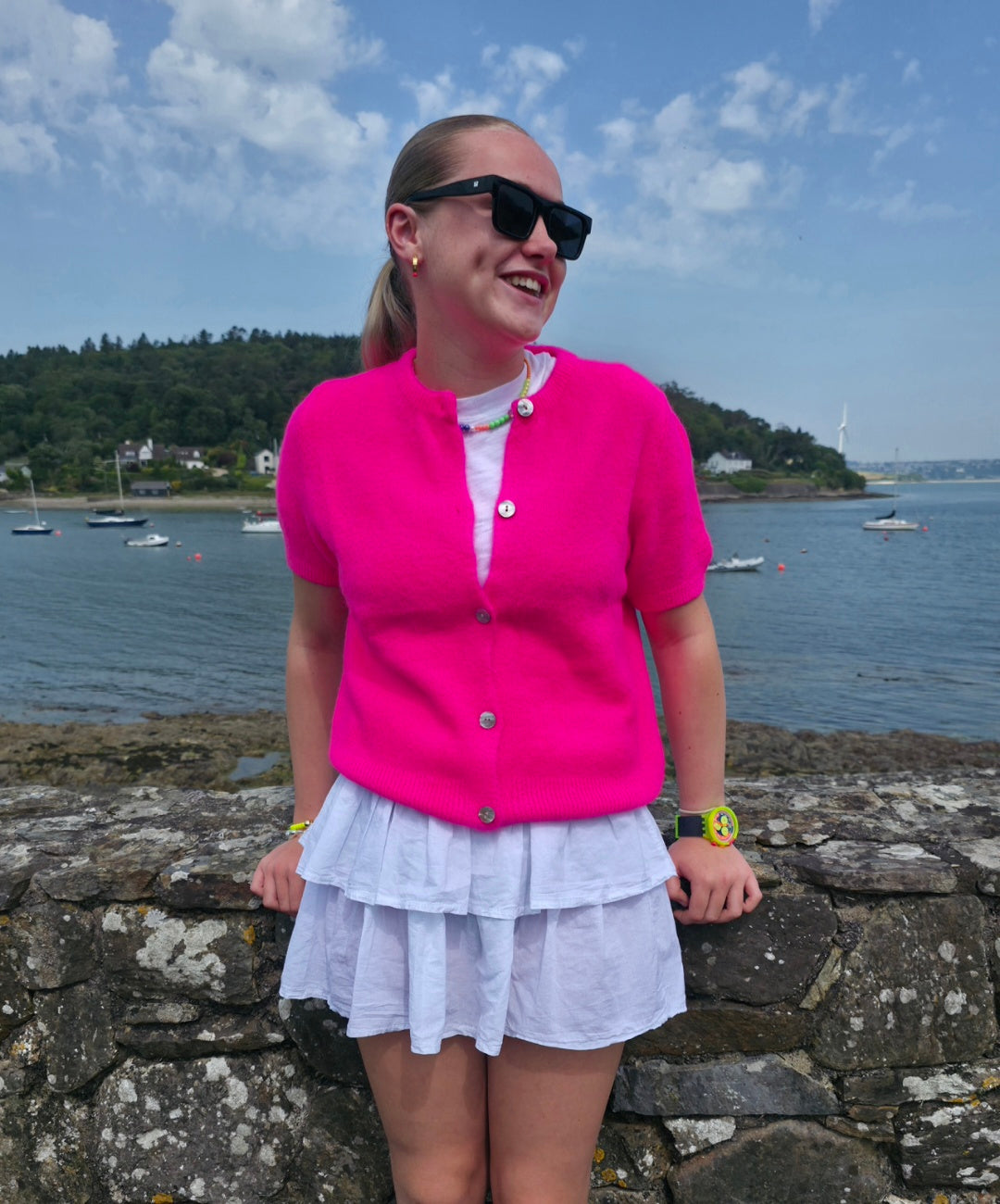Neon Pink Alpaca Mix Short Sleeve Cardigan