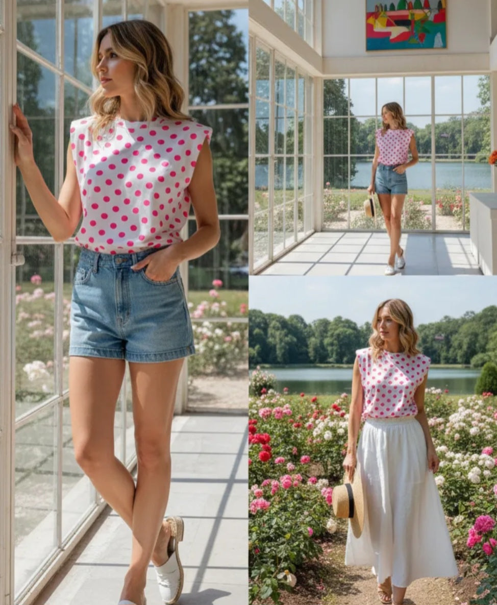 Pink Polka Dot Shoulder Pad Top