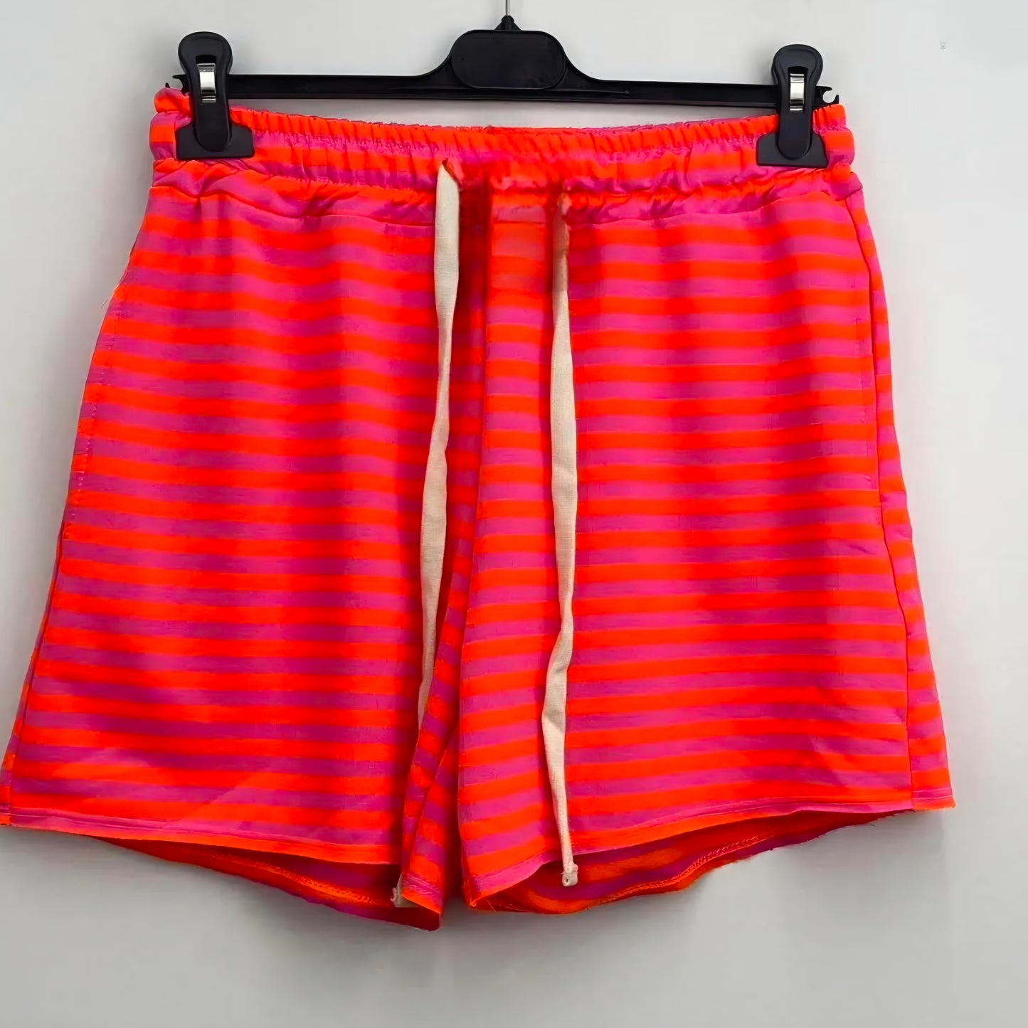 Neon Coral Striped Drawstring Casual Shorts
