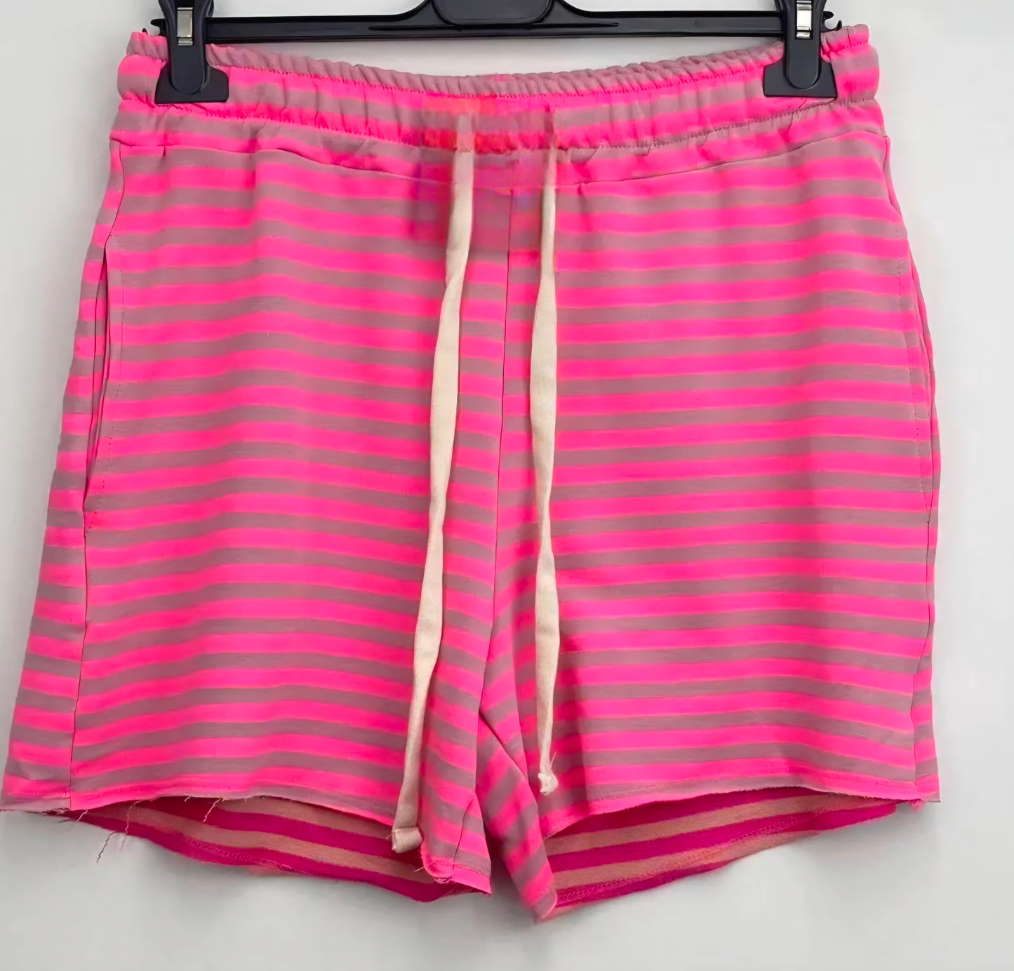 Neon Pink Striped Drawstring Caual Shorts