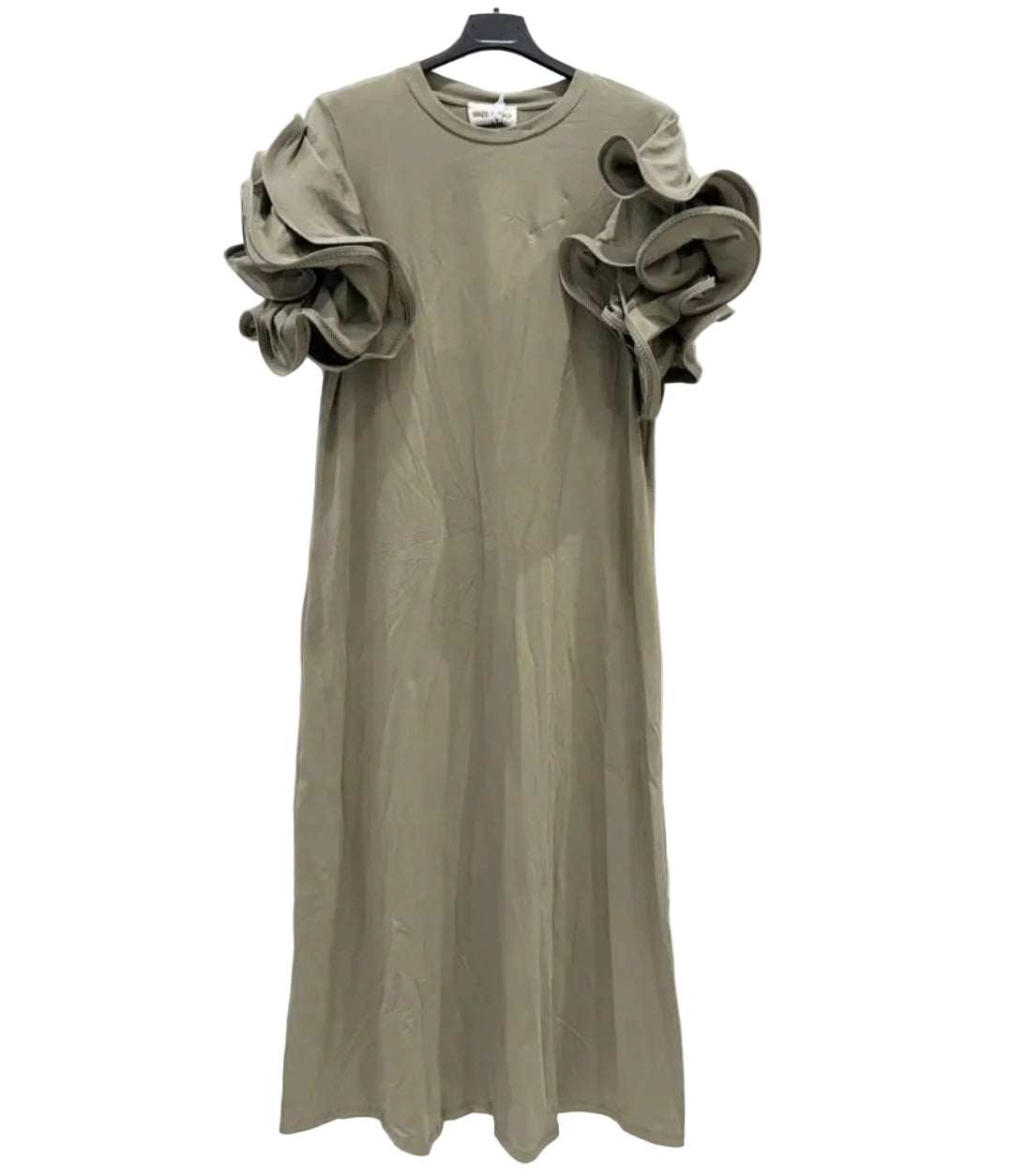 Khaki Green Multi-Layer Ruffle Sleeve column Midi Dress