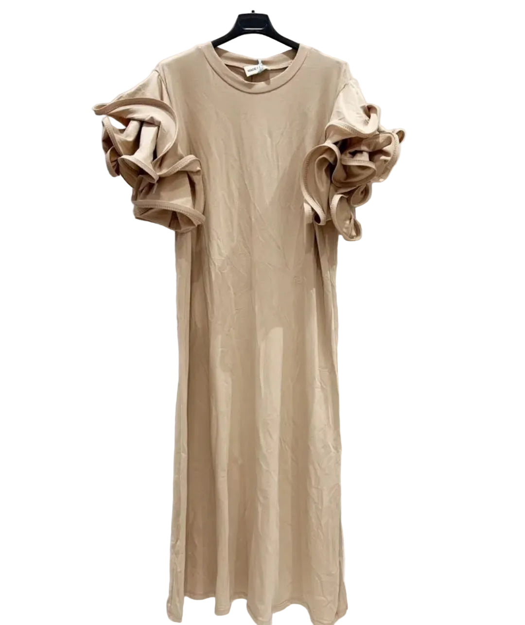 Oatmeal Beige Multi Layer Ruffle Sleeve Column Midi Dress