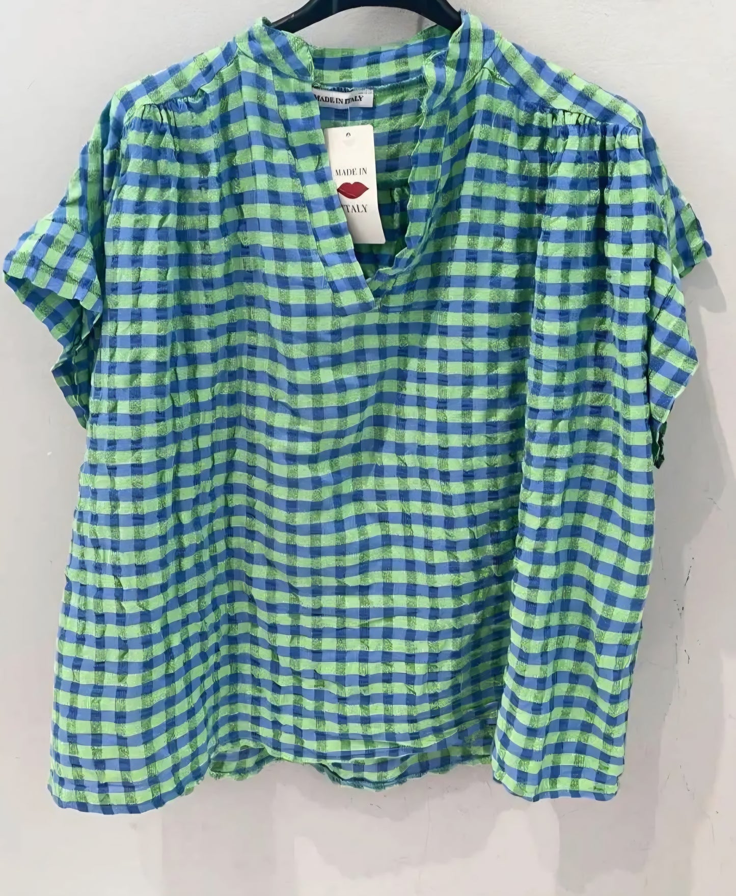 Seersucker V Neck Blouse in Blue and Green