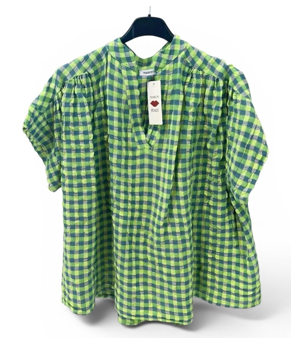 Lime Green Seersucker Popover Blouse with Split Neck