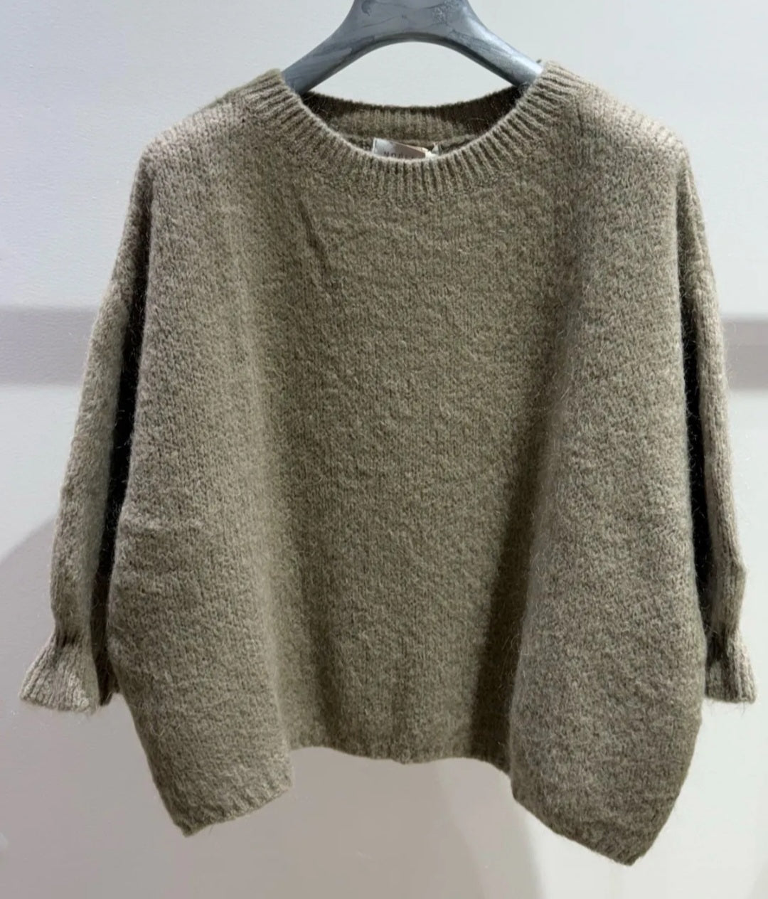 Taupe Kid Mohair & Wool Blend Sweater with Flared Cuff