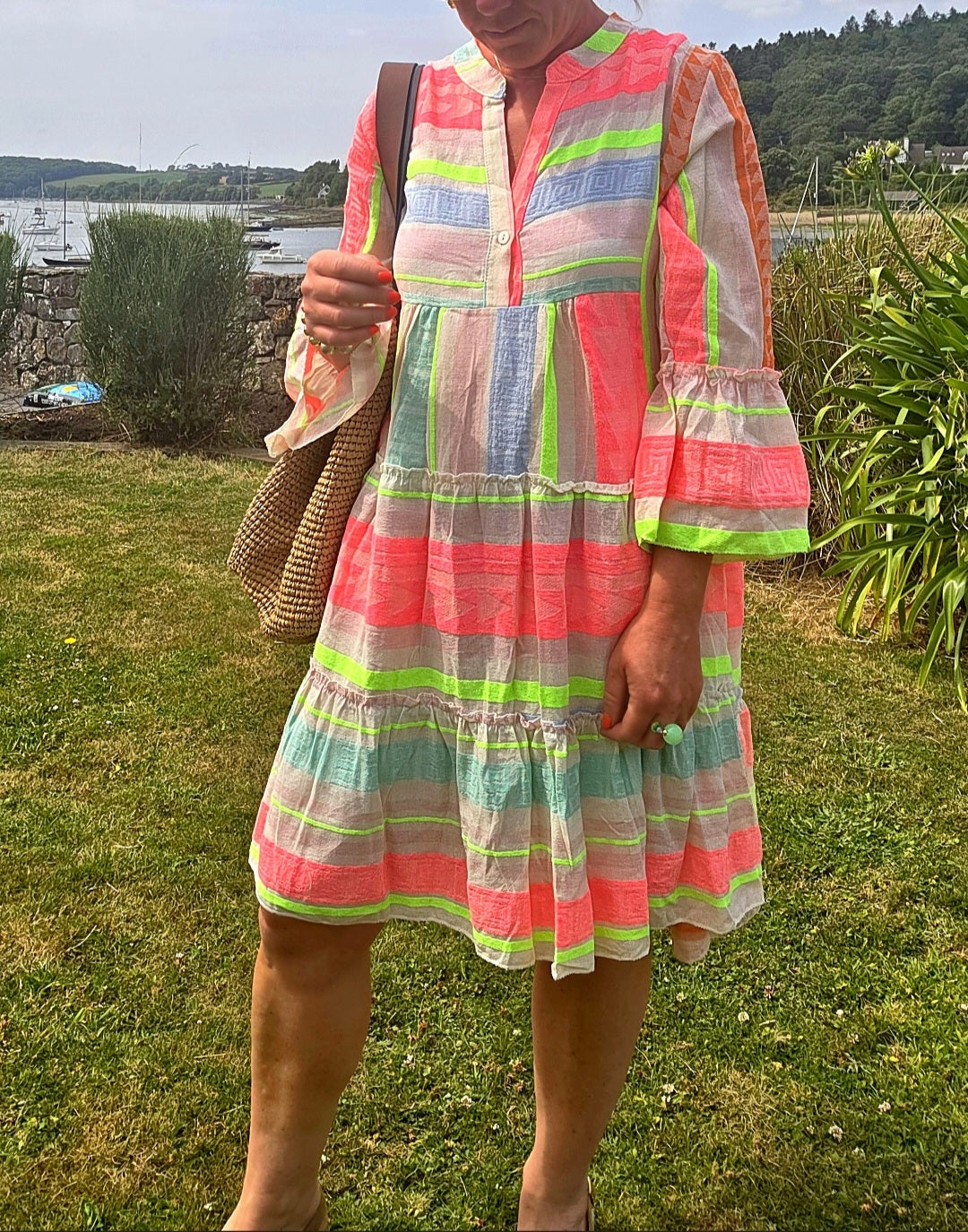 Neon Stripe Tiered Midi Dress with floaty sleeves