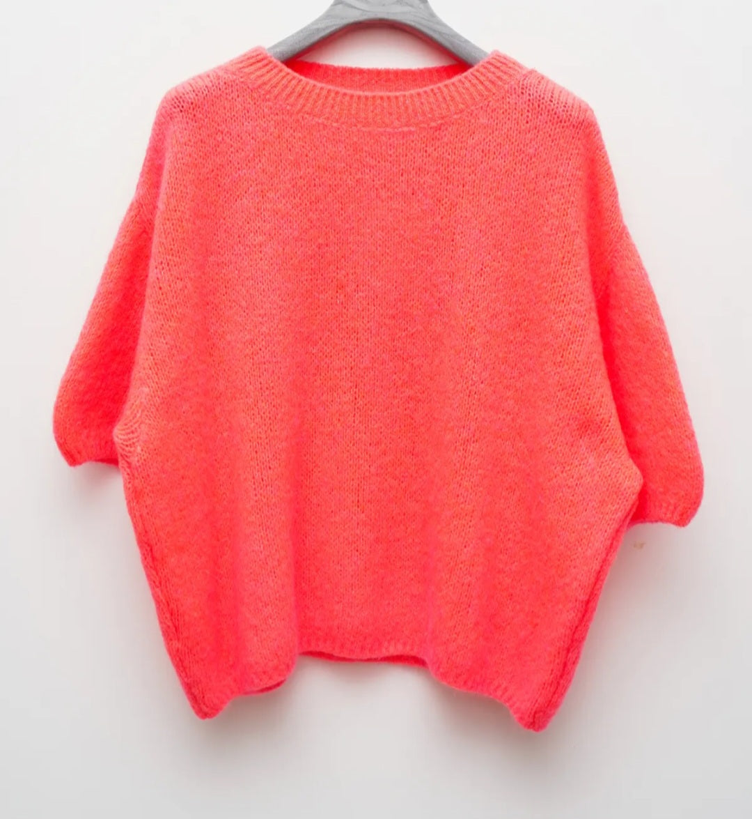 Neon Coral Kid Mohair Blend Short Sleeve Knit