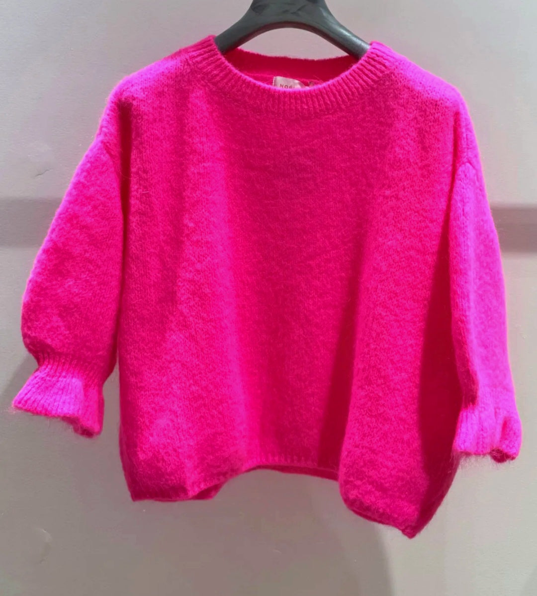 Neon Pink Kid Mohair & Wool Blend Sweater with Flared Cuffs
