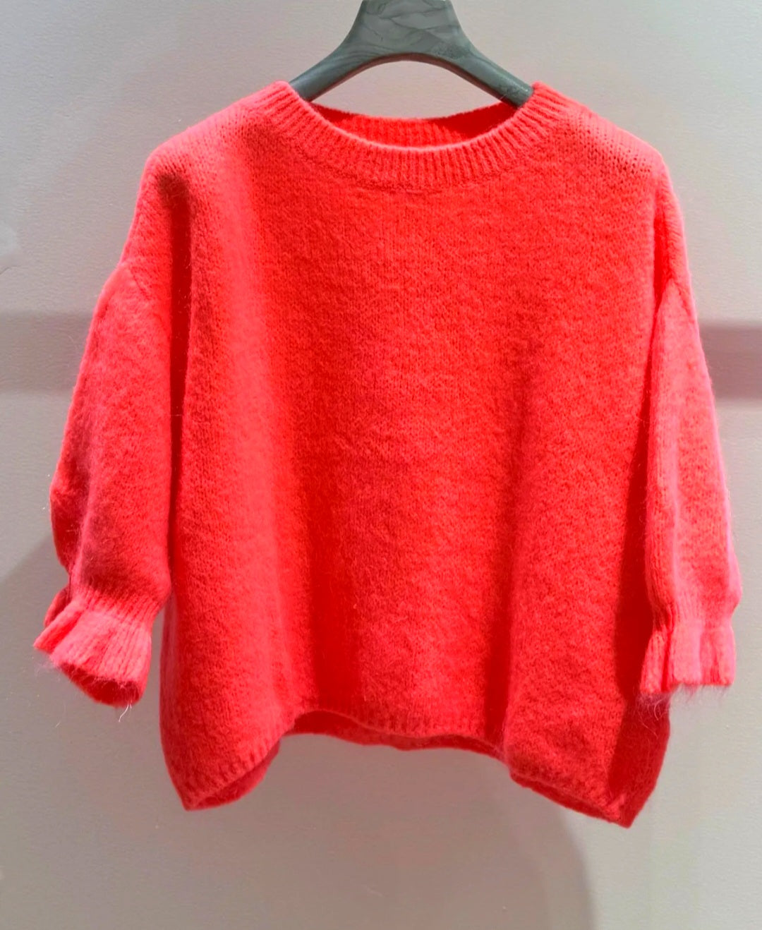Neon Coral. Kid Mohair & Wool Blend Sweater with Flared Cuffs.
