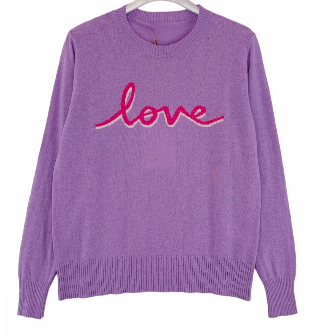 Lilac and Pink 'love' Script Wool- Cashmere Blend Jumper